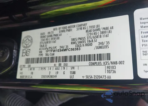 2021 Ford F-150 Xlt из США, поврежденный, VIN 1FTFW1E84MFC56383